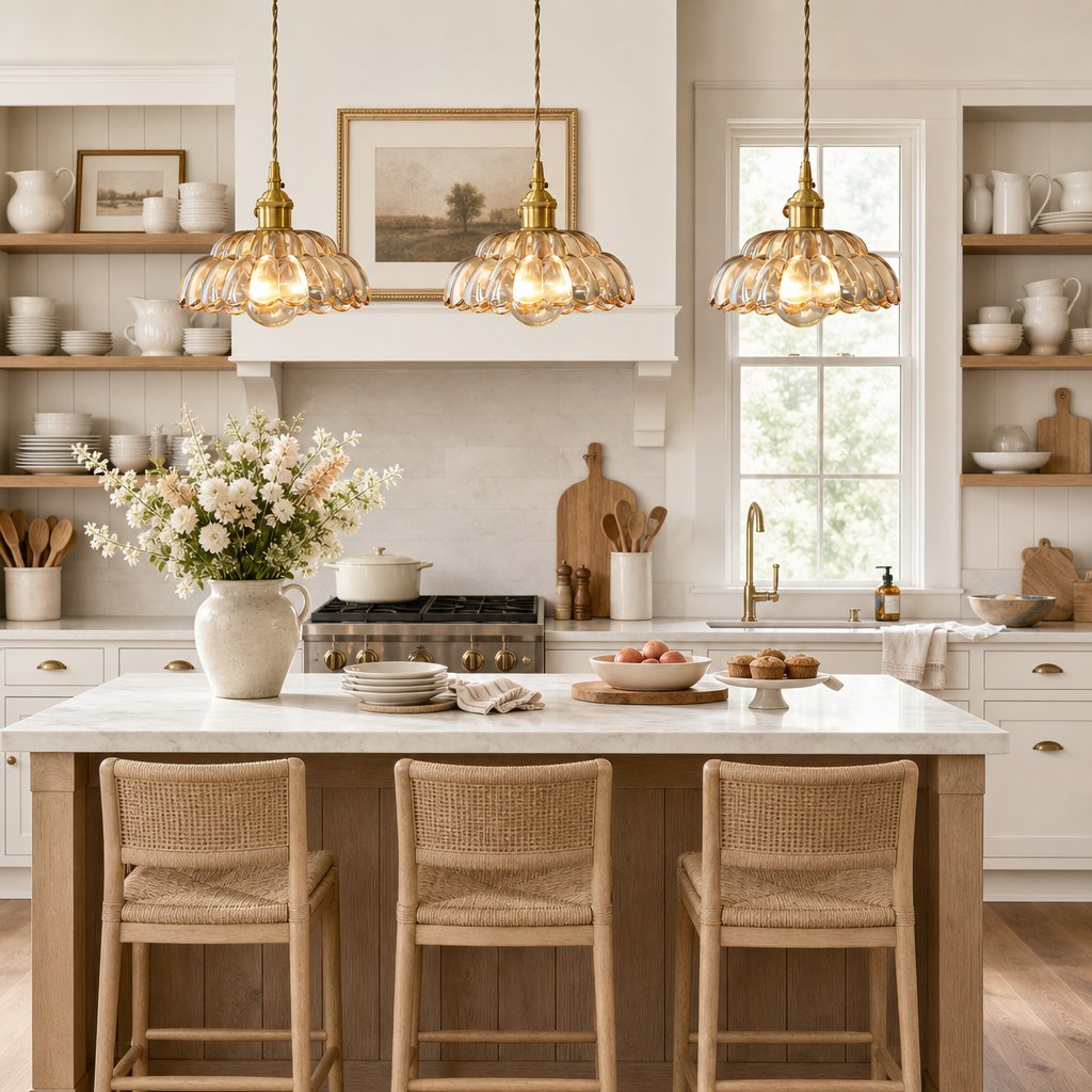 Retro Flower Hanging Light | Amber Glass Floral Pendant Light